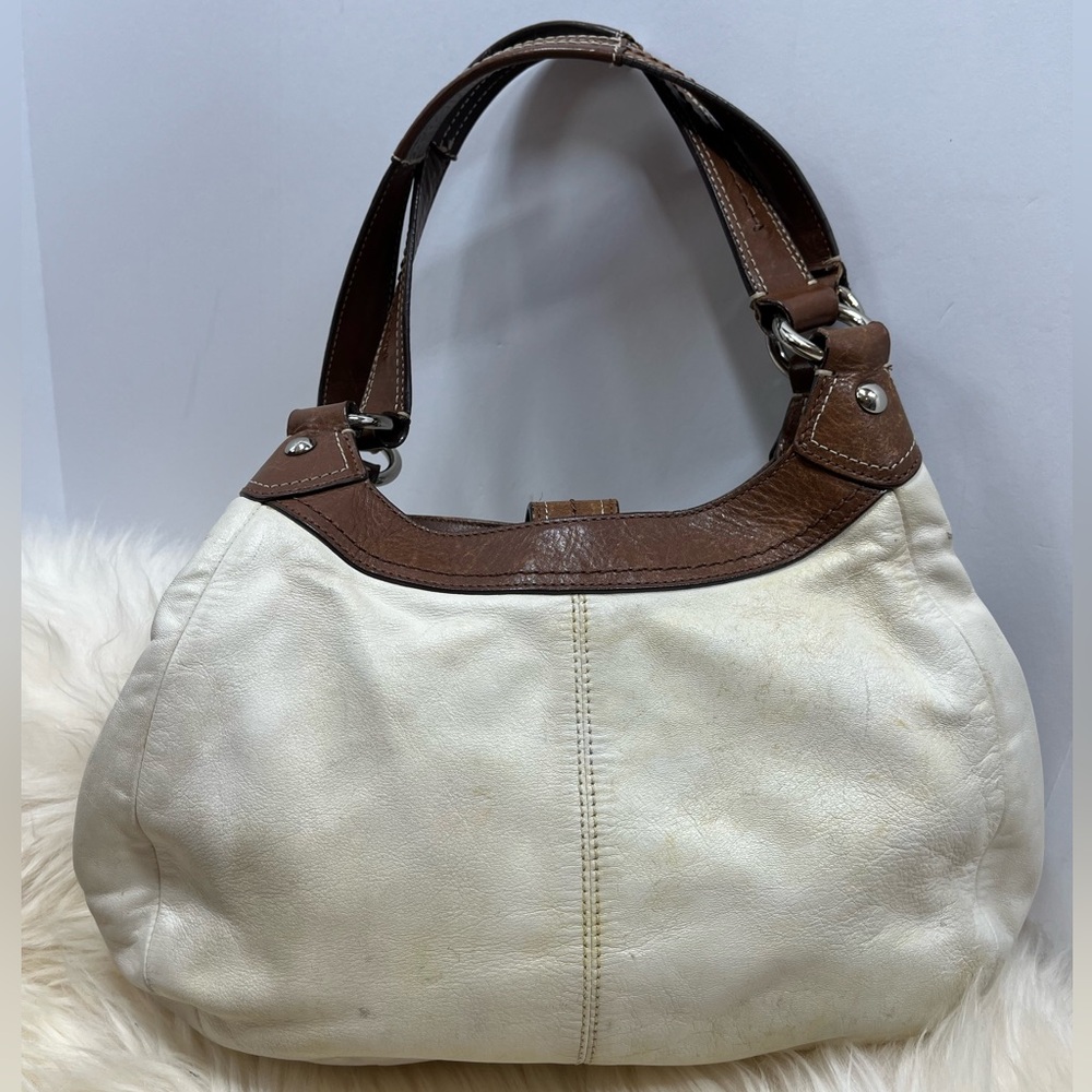 Coach Leather White Hobo Shoulder Bag Brown Trim and front Buckle - Picture 5 of 17